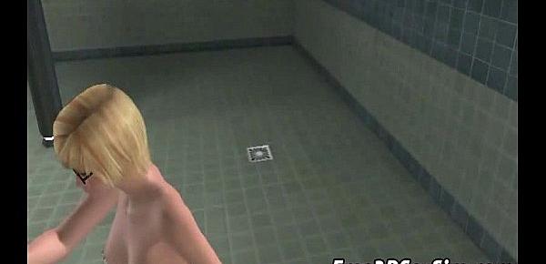  3D lesbian babe getting fingered in the locker room